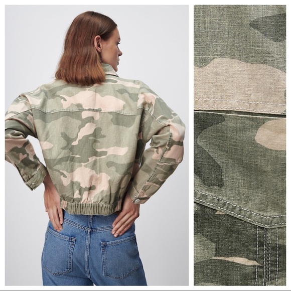 NWT. Zara Green Camouflage Linen Blend Cropped Jacket. Size S, M. - Picture 5 of 9